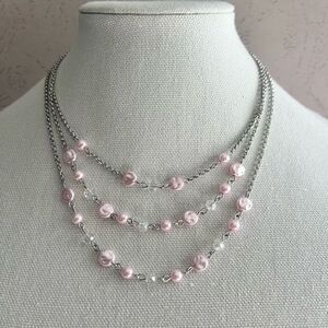 Silvertone Faux Pink Pearls & Crystals multi strand necklace 16 inch